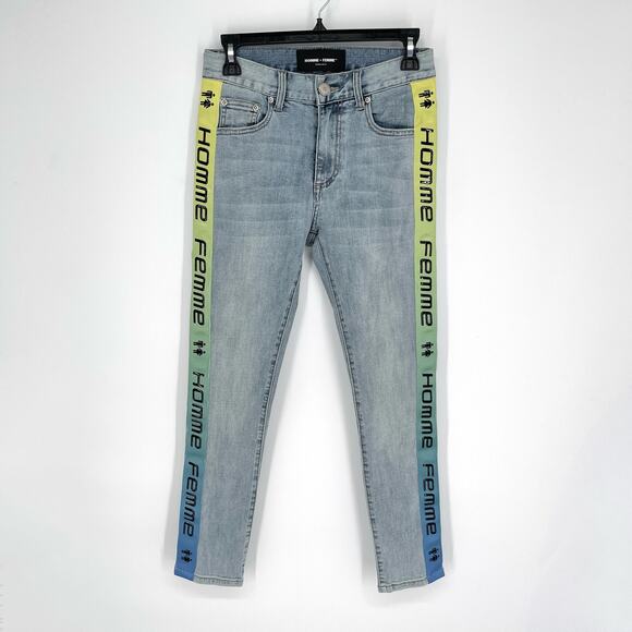 Homme + Femme NEW Tesla Skinny Blue Jeans 28 Yellow Green Gradient Logo Ribbon - Picture 1 of 9